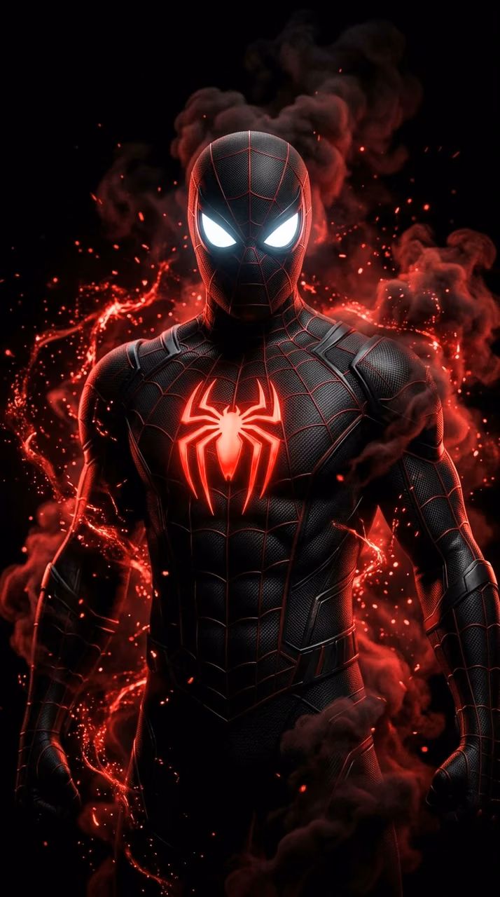 Download Dark Superhero Suit with Glowing Red Spider Emblem Wallpaper in Mobile HD Dark Superhero Suit with Glowing Red Spider Emblem - Free Mobile AMOLED Wallpaper Background