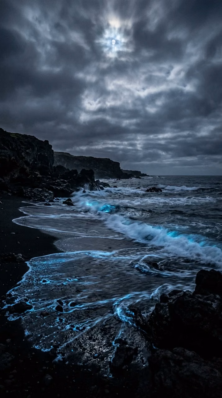 Dark Volcanic Beach Bioluminescent Waves Wallpaper - Free Mobile AMOLED Wallpaper Background