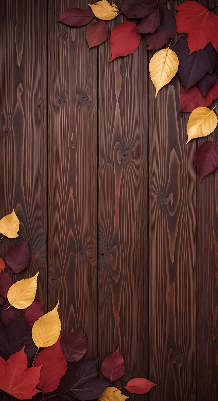 Dark Wood Plank Texture with Scattered Autumn Foliage - Free Mobile AMOLED Wallpaper Background