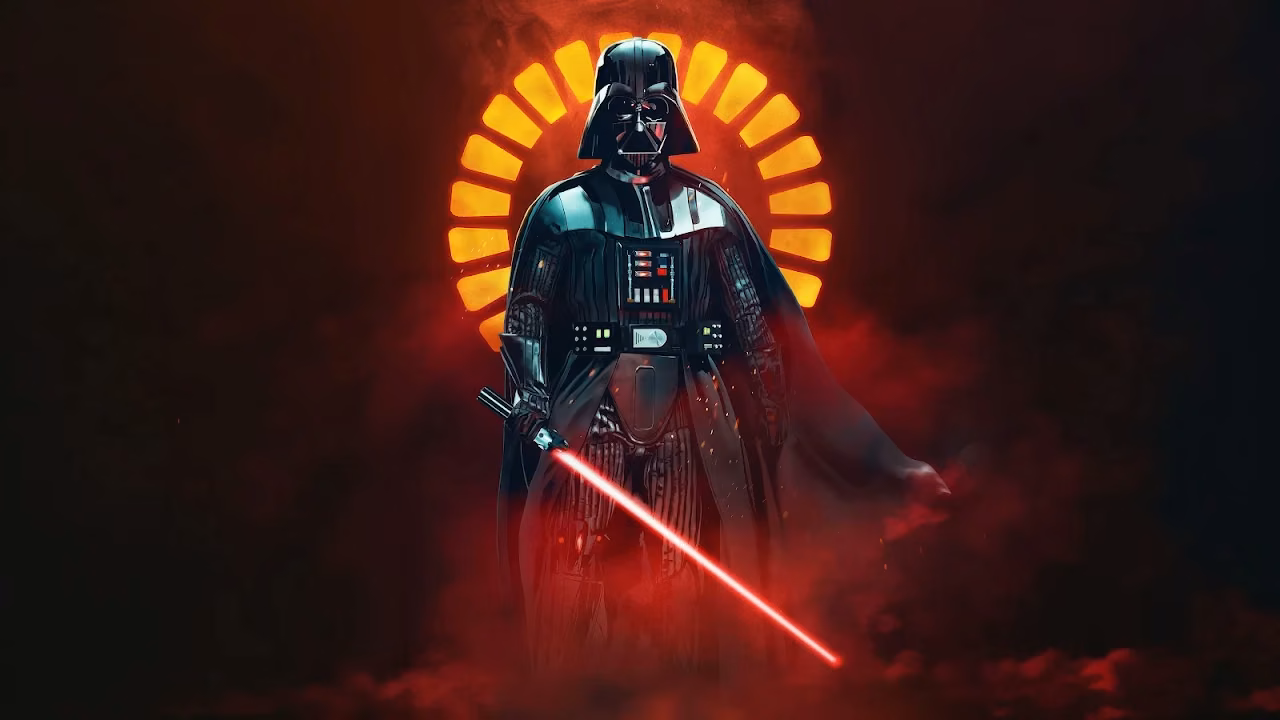 Download Darth Vader Red Lightsaber Halo Dark 4K Wallpaper in 4K UHD Darth Vader holding a glowing red lightsaber in front of a circular yellow halo surrounded by dark red smoke.