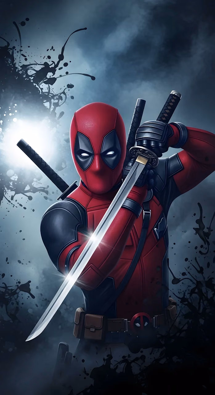 Deadpool Katana Pose Comic Art Dark Moody Superhero Illustration - Free Mobile AMOLED Wallpaper Background