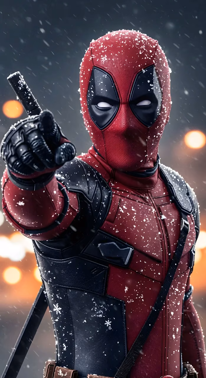 Deadpool Superhero Pointing in Heavy Winter Snowfall - Free Mobile AMOLED Wallpaper Background