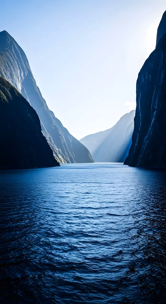 Deep Blue Fjord Waterway Steep Cliffs Sunlight Rays New Zealand - Free Mobile AMOLED Wallpaper Background