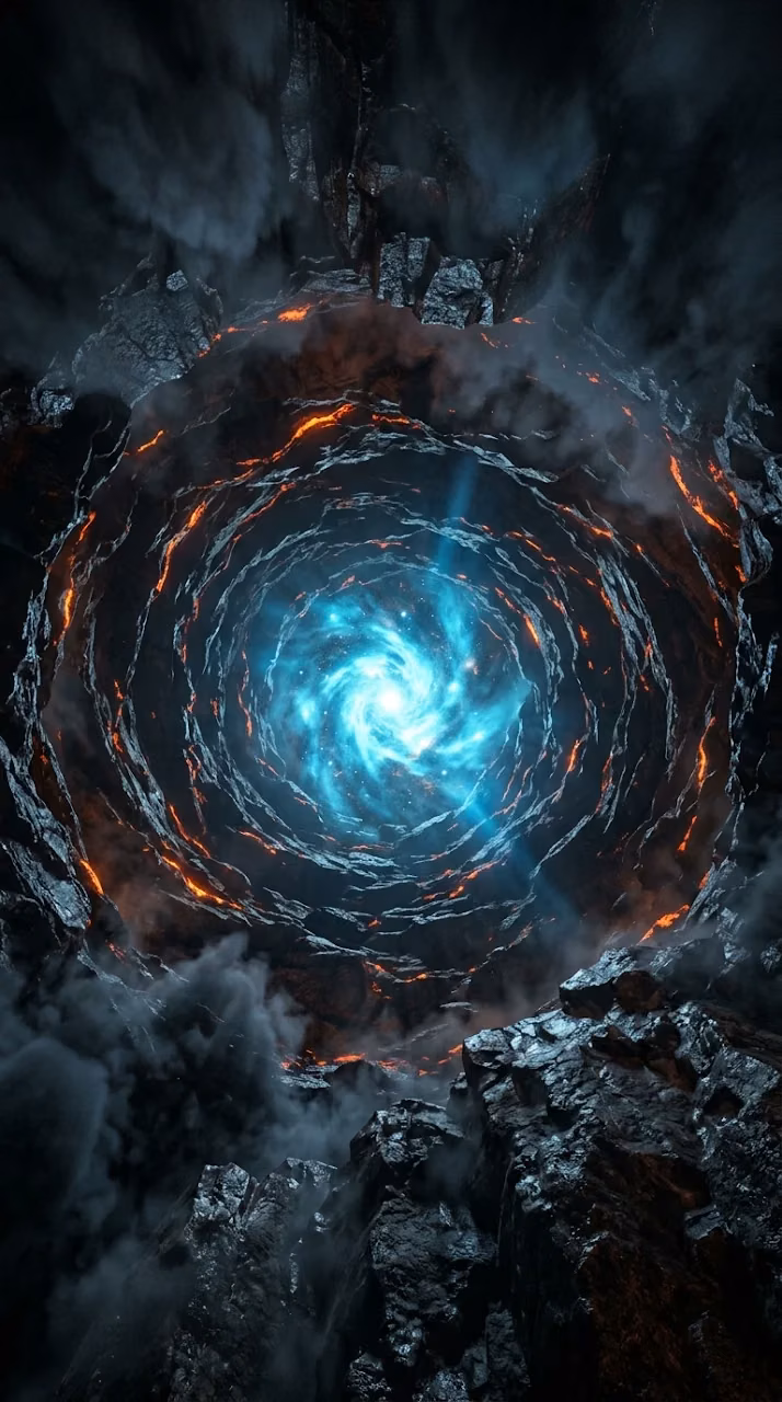 Deep Celestial Rock Tunnel with Glowing Blue Core - Free Mobile AMOLED Wallpaper Background