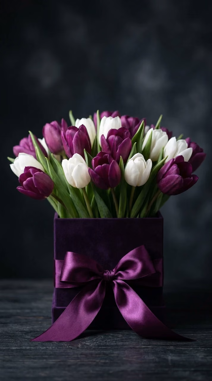 Download Deep Purple and White Tulips in a Dark Purple Box with Satin Ribbon Wallpaper in Mobile HD Deep Purple and White Tulips in a Dark Purple Box with Satin Ribbon - Free Mobile AMOLED Wallpaper Background