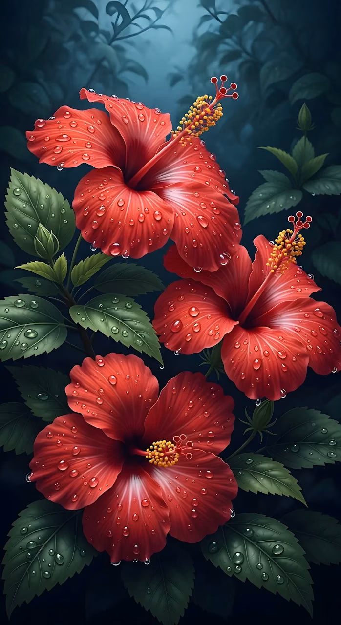 Deep Red Hibiscus Flowers with Raindrops on Dark Foliage - Free Mobile AMOLED Wallpaper Background