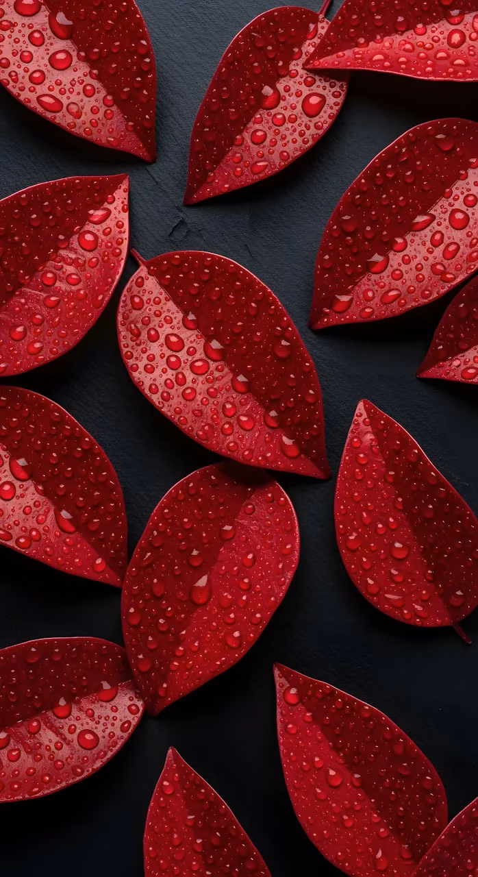Deep Red Leaves Water Droplets Dark Background - Free Mobile AMOLED Wallpaper Background