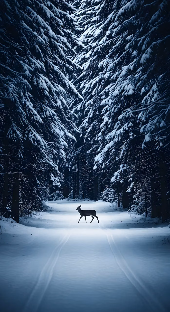 Deer Silhouette Snowy Pine Forest Path Winter Night - Free Mobile AMOLED Wallpaper Background