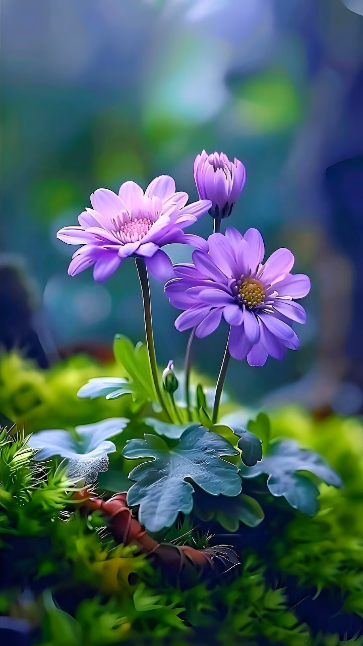 Delicate Purple Flowers Blooming Amid Lush Green Moss - Free Mobile AMOLED Wallpaper Background