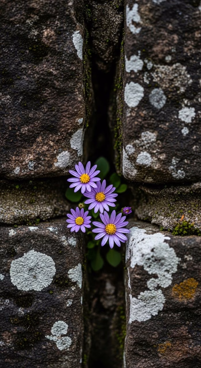 Delicate Purple Flowers Growing from Rough Granite Rock - Free Mobile AMOLED Wallpaper Background