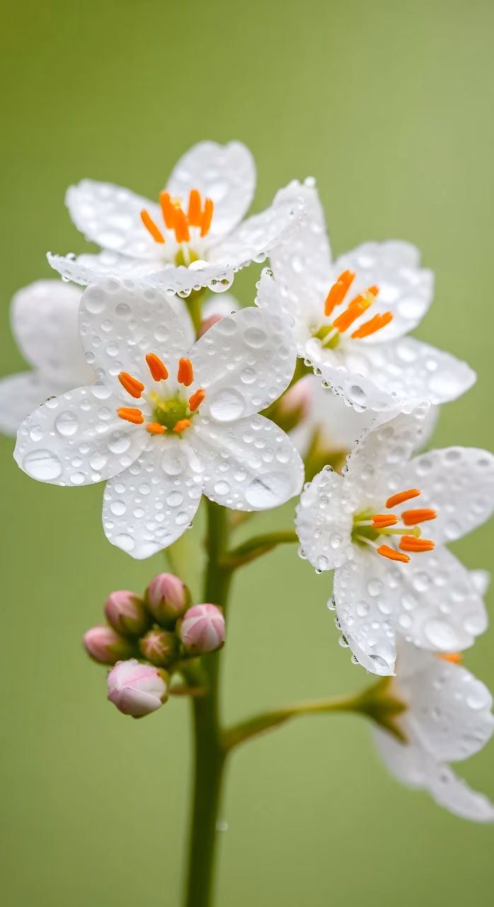 Download Delicate White Blooms Covered in Dew Drops Soft Green Bokeh Wallpaper in Mobile HD Delicate White Blooms Covered in Dew Drops Soft Green Bokeh - Free Mobile AMOLED Wallpaper Background