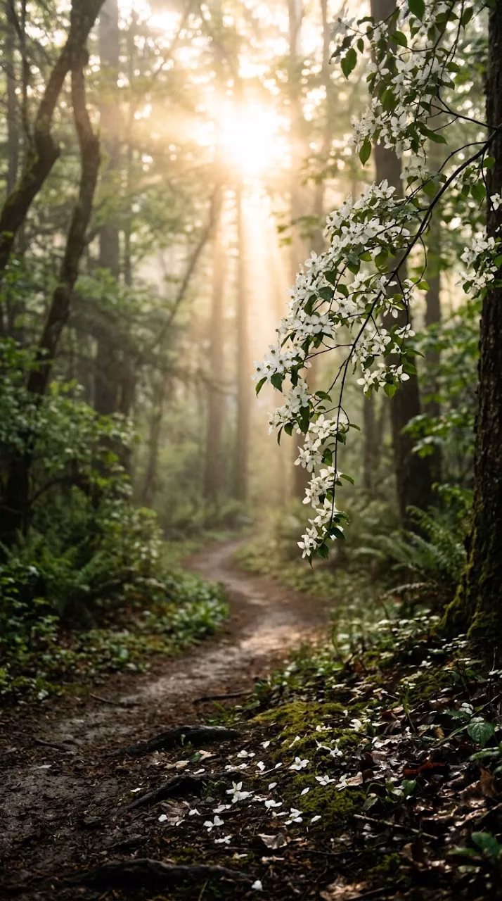 Delicate White Blossoms Overhanging a Golden Sunlit Forest Path - Free Mobile AMOLED Wallpaper Background