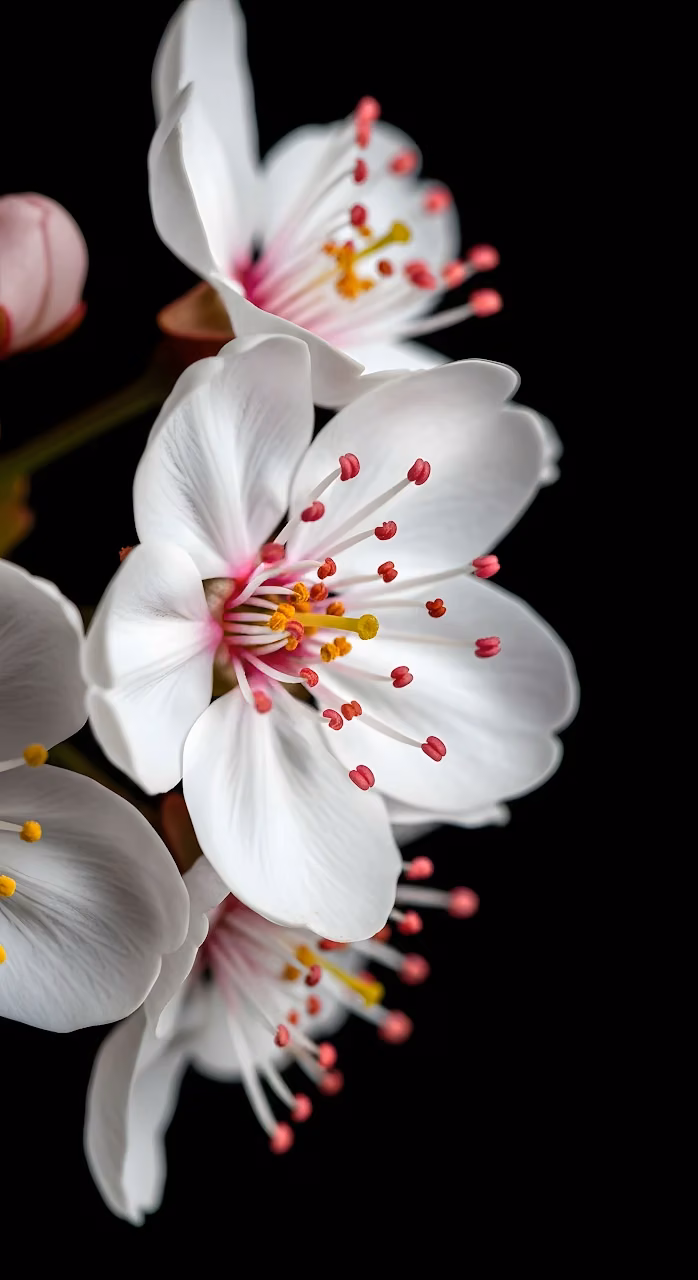 Delicate White Cherry Blossoms on Solid Black Background - Free Mobile AMOLED Wallpaper Background