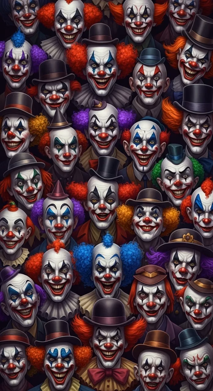 Download Dense, Chaotic Crowd of Smiling Evil Clowns with Hats in a Dark Setting Wallpaper in Mobile HD Dense, Chaotic Crowd of Smiling Evil Clowns with Hats in a Dark Setting - Free Mobile AMOLED Wallpaper Background