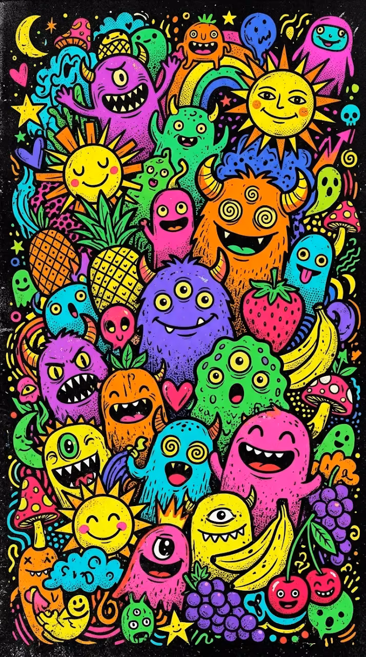 Download Dense Colorful Doodle Art Pattern with Monsters and Fruit Characters Wallpaper in Mobile HD Dense Colorful Doodle Art Pattern with Monsters and Fruit Characters - Free Mobile AMOLED Wallpaper Background