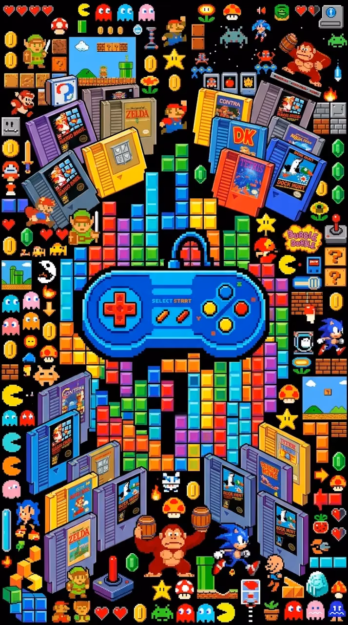 Dense Pixel Art Collage of Retro Video Game Icons and Controllers - Free Mobile AMOLED Wallpaper Background