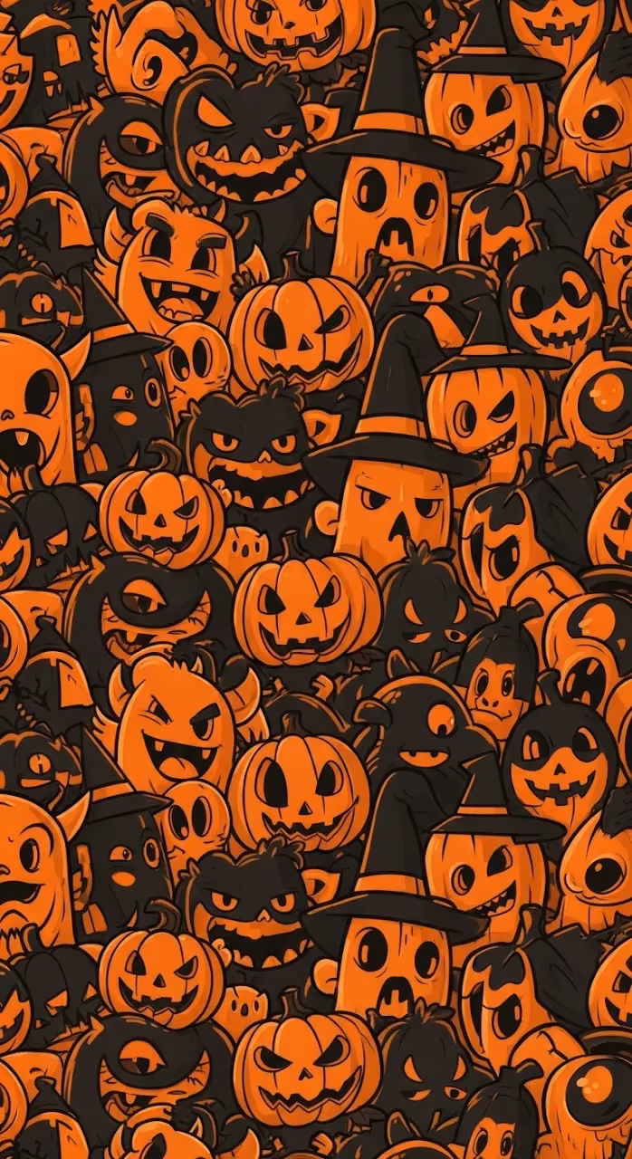 Dense Seamless Pattern of Cartoon Monsters and Pumpkins in Orange and Black - Free Mobile AMOLED Wallpaper Background