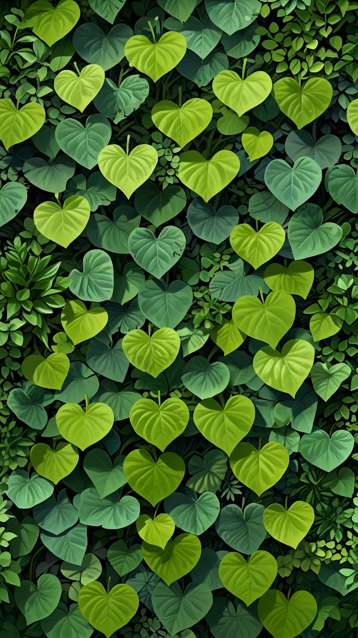 Dense wall of vibrant green heart-shaped leaves in lush foliage - Free Mobile AMOLED Wallpaper Background