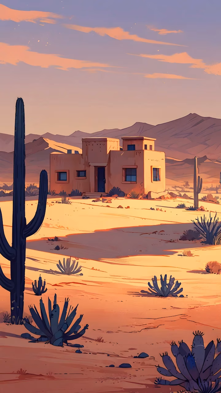 Download Desert Adobe House Landscape at Sunset with Cactus Wallpaper in Mobile HD Desert Adobe House Landscape at Sunset with Cactus - Free Mobile AMOLED Wallpaper Background