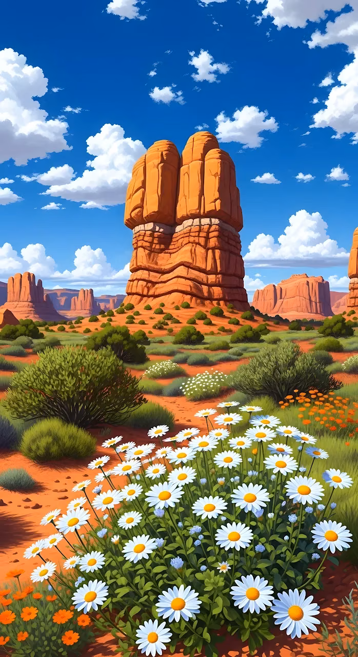 Desert Daisies Blooming in Monument Valley Landscape Art - Free Mobile AMOLED Wallpaper Background