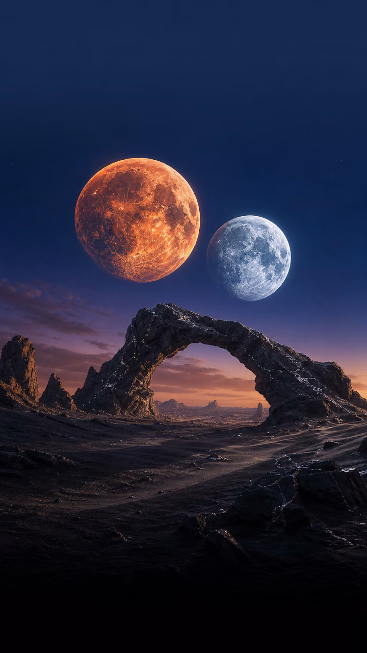 Desert Exoplanet Surface with Binary Moons Wallpaper - Free Mobile AMOLED Wallpaper Background