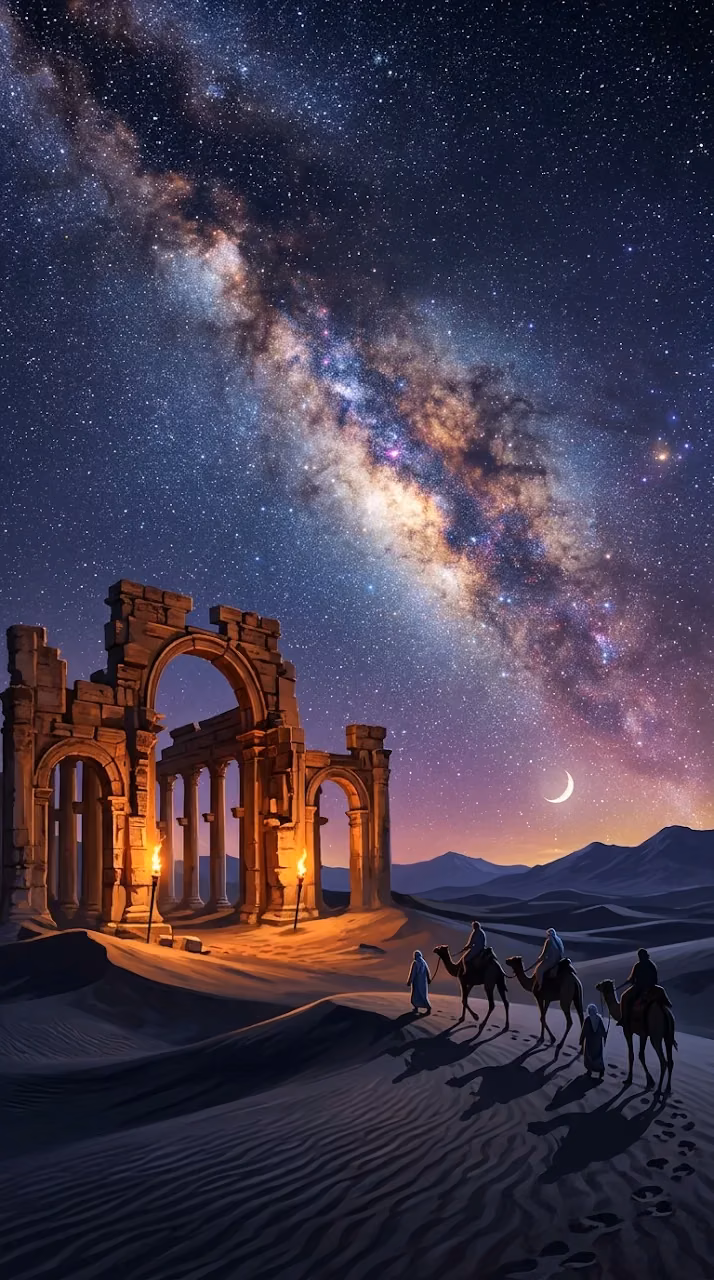 Download Desert Landscape with Ancient Ruins and Milky Way Sky Wallpaper in Mobile HD Desert Landscape with Ancient Ruins and Milky Way Sky - Free Mobile AMOLED Wallpaper Background