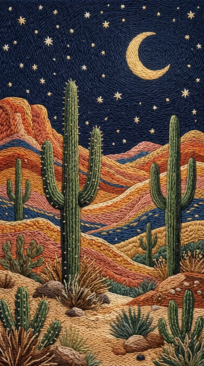 Desert Landscape with Cacti and Moon in a Stitched Embroidery Style - Free Mobile AMOLED Wallpaper Background