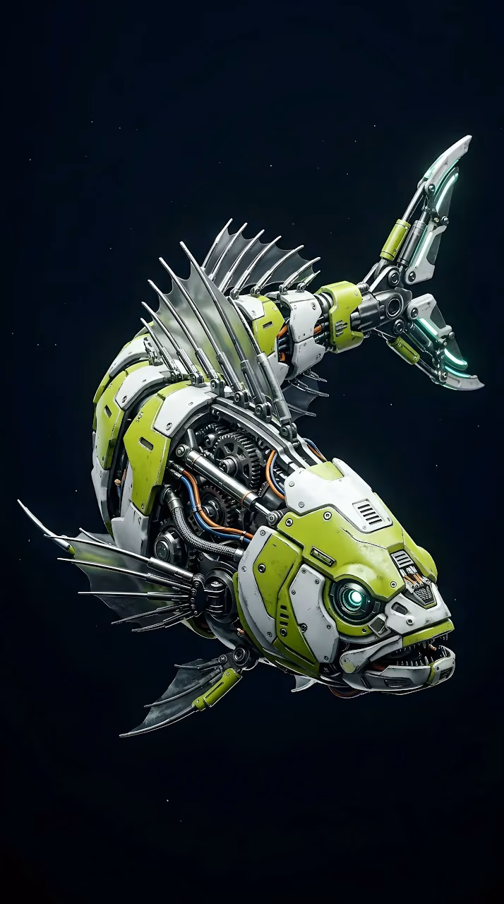 Download Detailed 3D Render of a Cybernetic Fish with Mechanical Gills and Lime Green Armor Wallpaper in Mobile HD Detailed 3D Render of a Cybernetic Fish with Mechanical Gills and Lime Green Armor - Free Mobile AMOLED Wallpaper Background