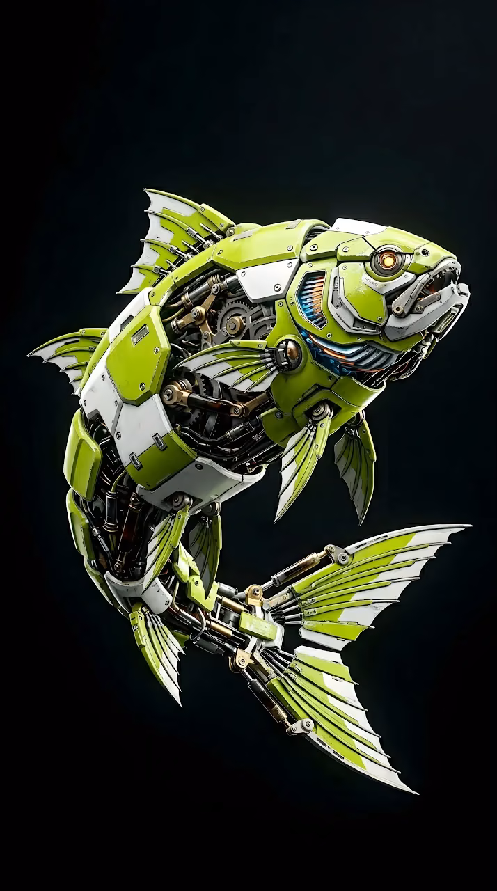 Download Detailed 3D Render of a Cybernetic Fish with Mechanical Gills and Lime Green Armor Wallpaper in Mobile HD Detailed 3D Render of a Cybernetic Fish with Mechanical Gills and Lime Green Armor - Free Mobile AMOLED Wallpaper Background