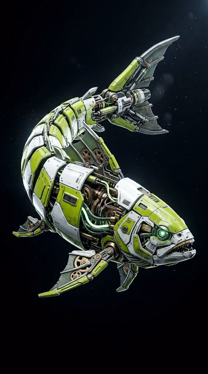 Detailed 3D Render of a Cybernetic Fish with Mechanical Gills and Lime Green Armor - Free Mobile AMOLED Wallpaper Background