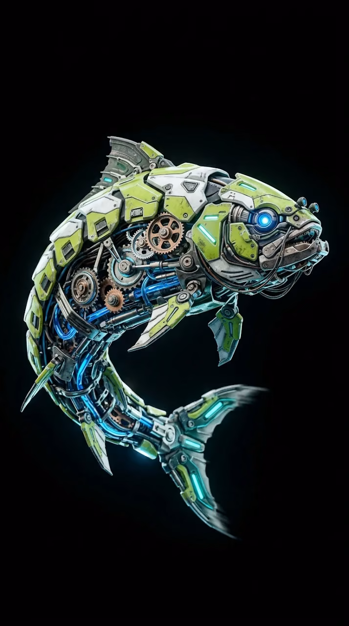 Detailed 3D Render of a Cybernetic Fish with Mechanical Gills and Lime Green Armor - Free Mobile AMOLED Wallpaper Background