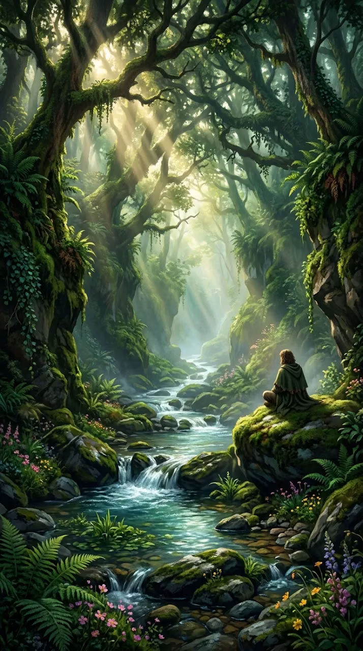 Download Detailed Digital Painting of a Misty Forest Canyon and Stream Wallpaper in Mobile HD Detailed Digital Painting of a Misty Forest Canyon and Stream - Free Mobile AMOLED Wallpaper Background