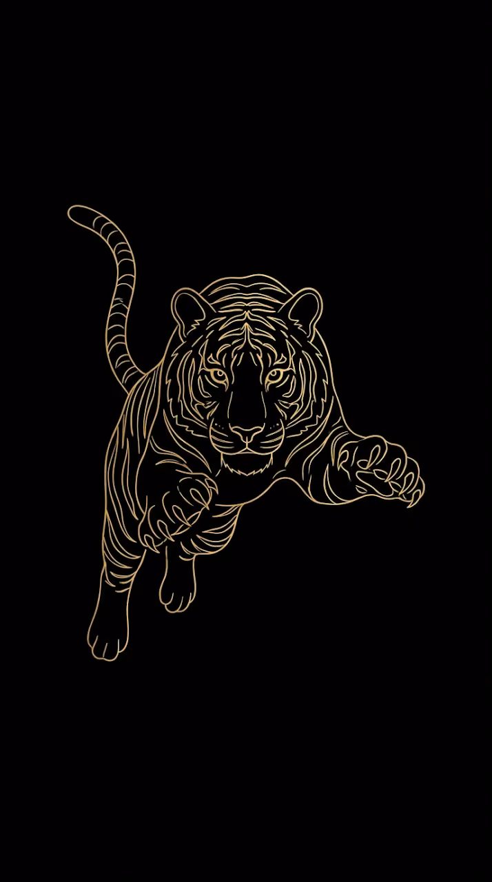 Detailed Golden Line Art Illustration of Pouncing Tiger on Black Background - Free Mobile AMOLED Wallpaper Background