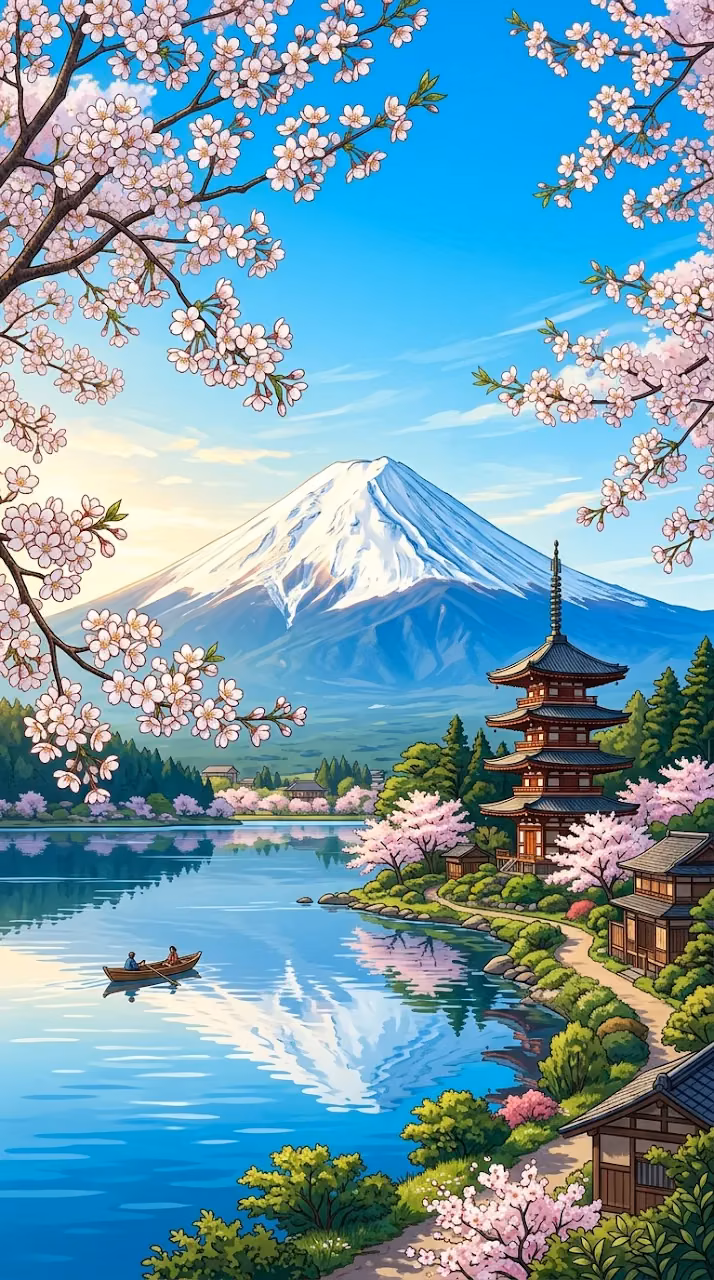 Detailed Illustration of Mount Fuji with Pagoda and Sakura - Free Mobile AMOLED Wallpaper Background