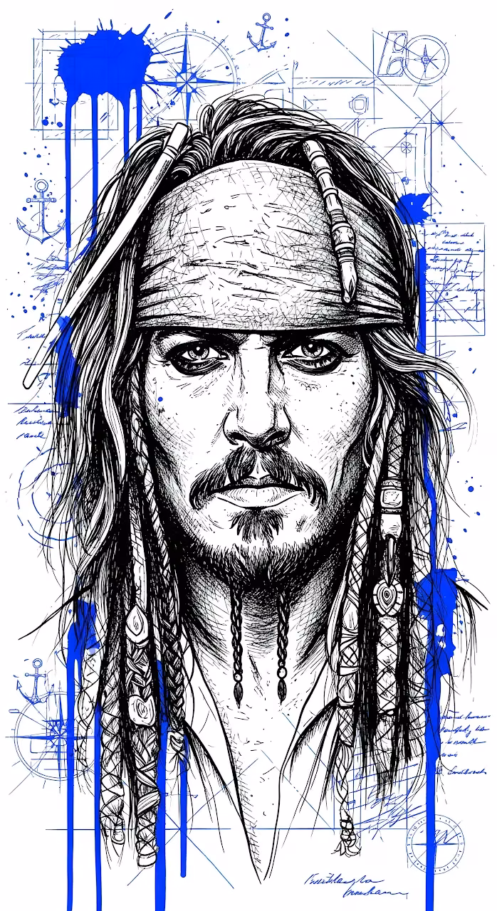 Detailed Ink Sketch of Pirate Captain with Blue Nautical Accents - Free Mobile AMOLED Wallpaper Background