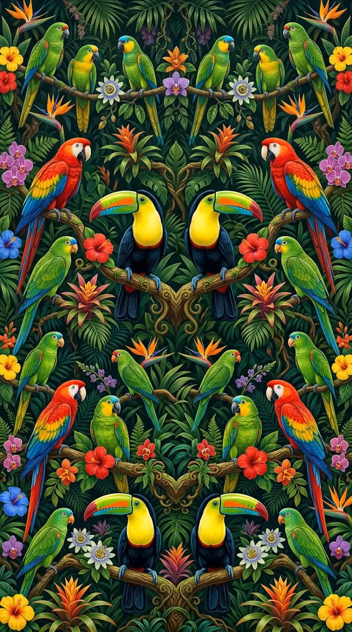 Detailed Pattern of Colorful Parrots and Toucans in Tropical Jungle - Free Mobile AMOLED Wallpaper Background