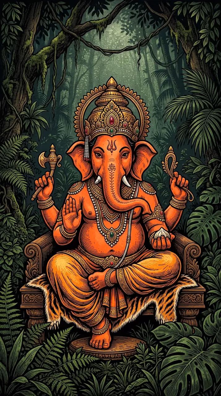 Detailed Woodcut Style Illustration of Hindu Deity Ganesha - Free Mobile AMOLED Wallpaper Background