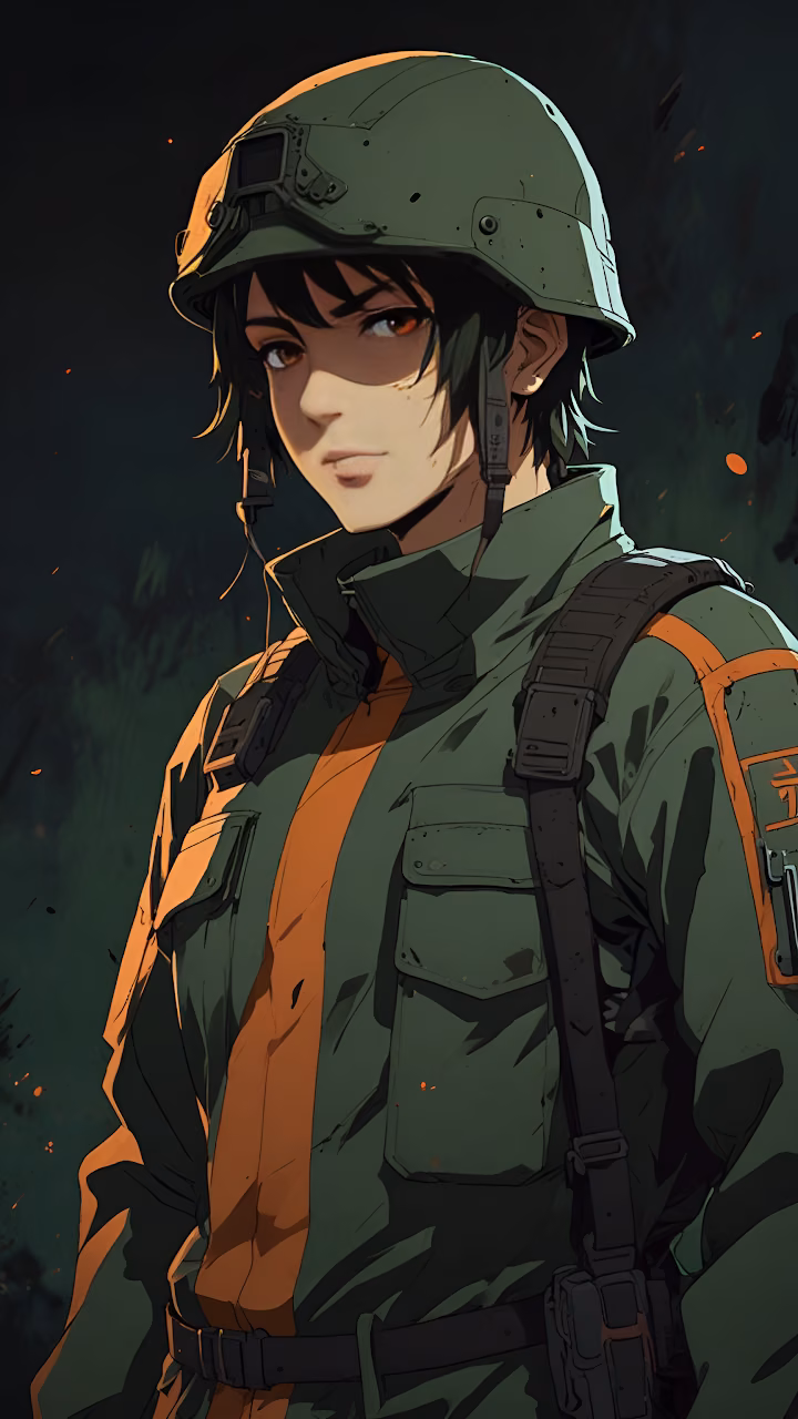 Determined Anime Soldier Portrait in Green Tactical Gear - Free Mobile AMOLED Wallpaper Background