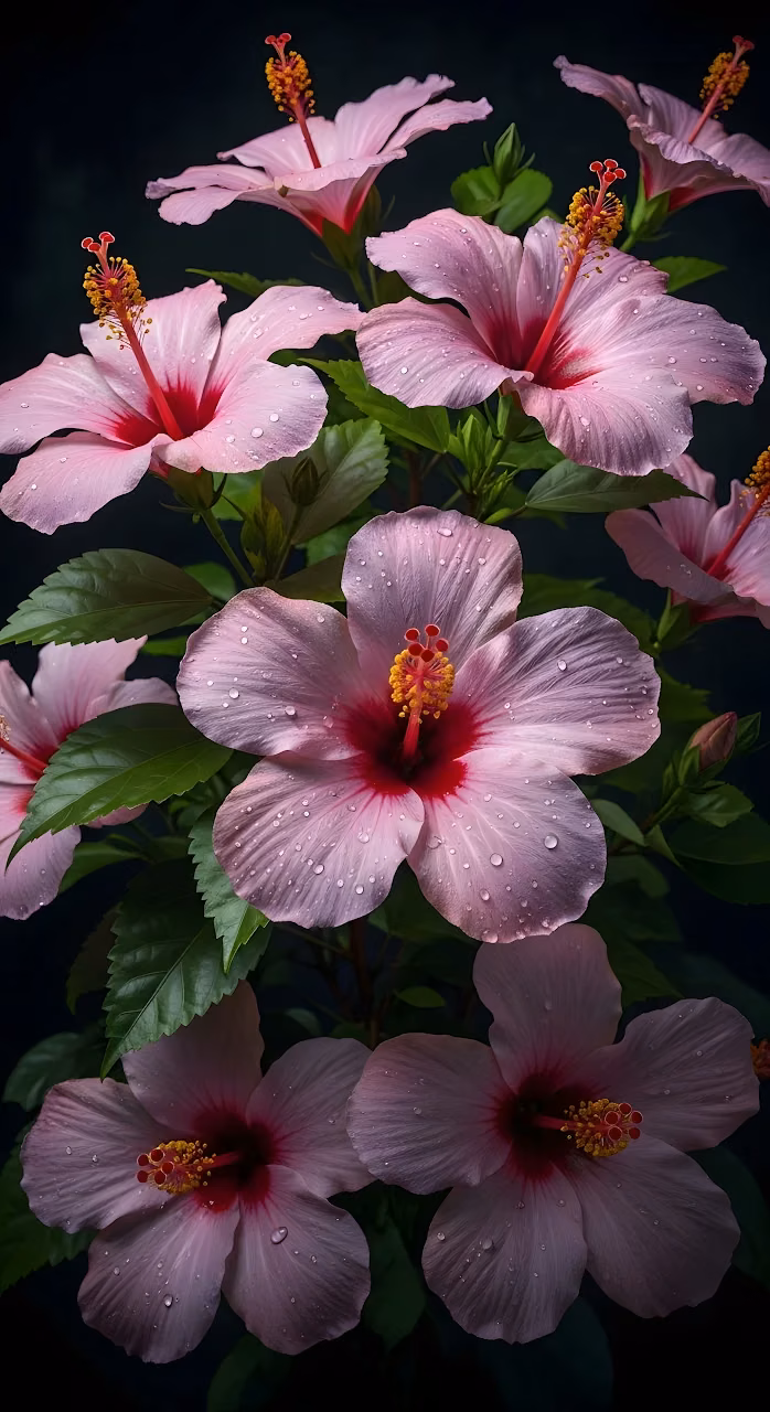 Download Dew Covered Pink Hibiscus Flowers on Dark Background Wallpaper in Mobile HD Dew Covered Pink Hibiscus Flowers on Dark Background - Free Mobile AMOLED Wallpaper Background