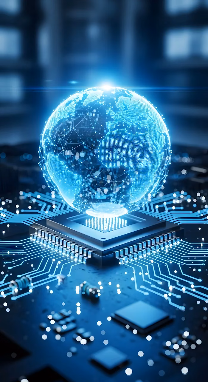 Digital Earth Globe on Blue Circuit Board Microchip - Free Mobile AMOLED Wallpaper Background