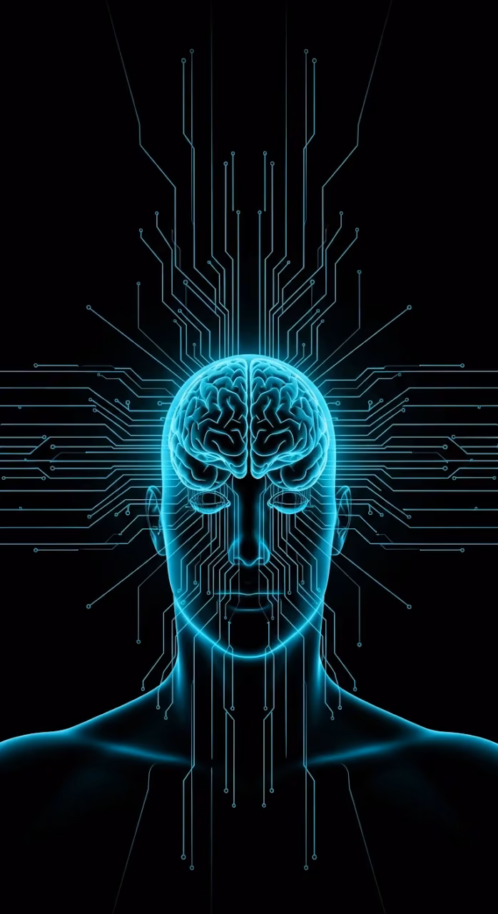 Digital Human Intelligence with Glowing Cyan Circuitry Paths - Free Mobile AMOLED Wallpaper Background