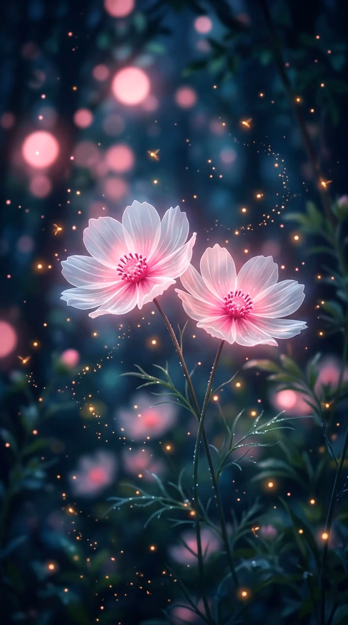 Digital Illustration of Glowing Translucent Flowers in Dark Atmospheric Setting - Free Mobile AMOLED Wallpaper Background