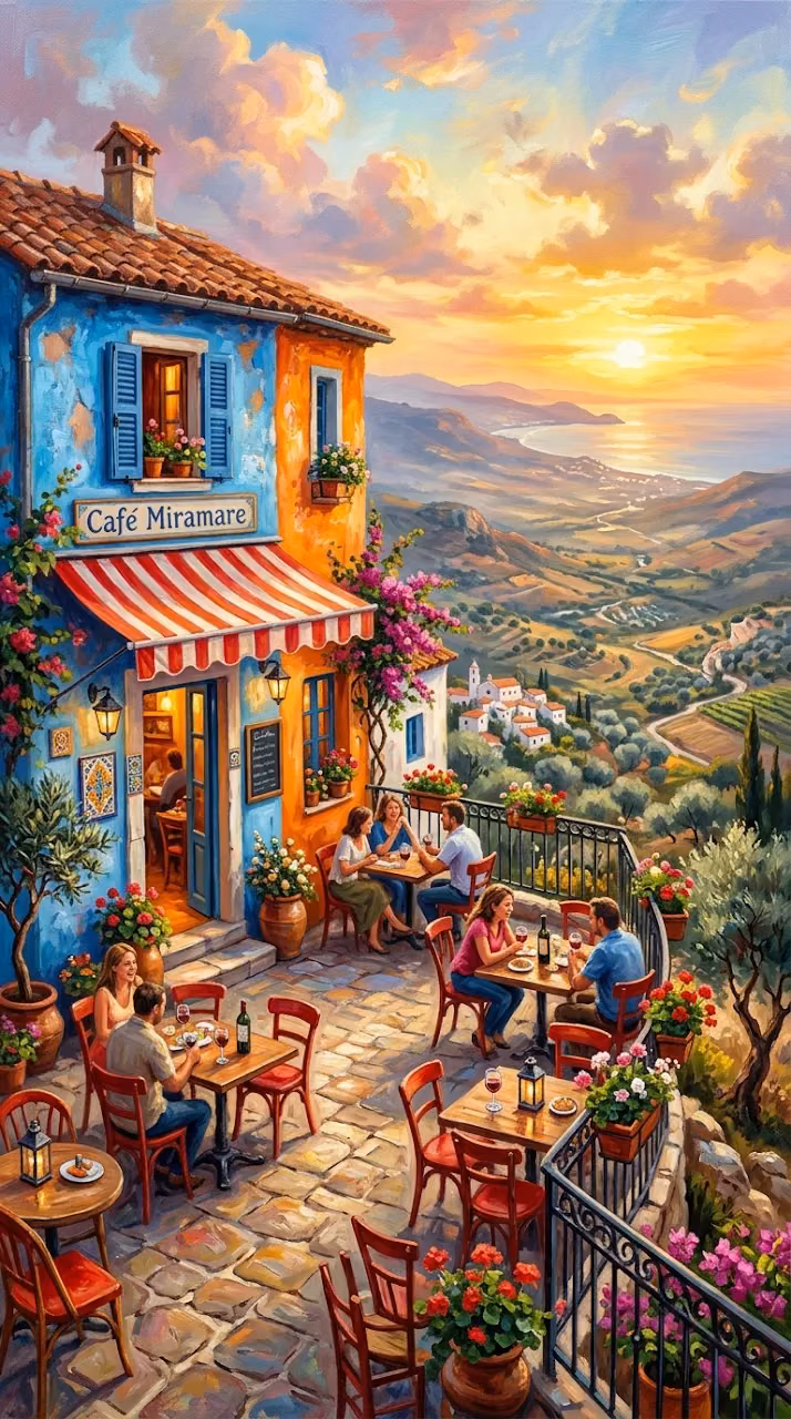 Download Digital Illustration of an Orange and Blue European Cafe Overlooking a Valley Wallpaper in Mobile HD Digital Illustration of an Orange and Blue European Cafe Overlooking a Valley - Free Mobile AMOLED Wallpaper Background