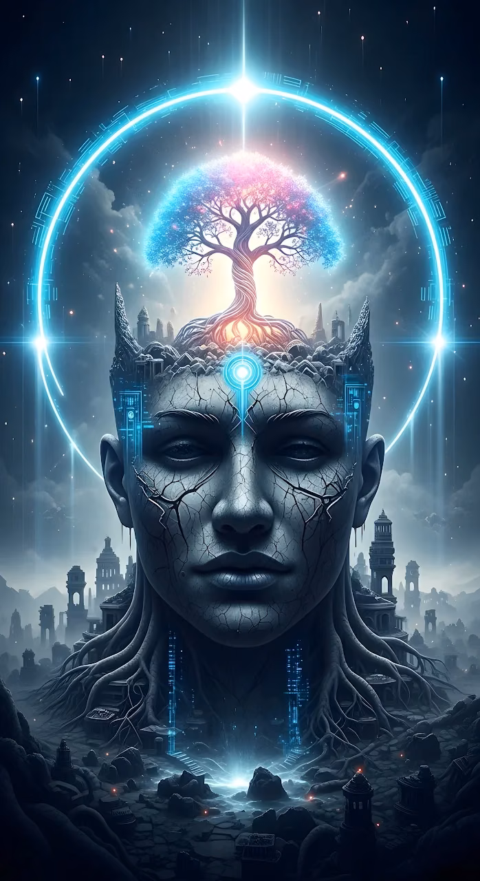 Digital Shaman with Tree of Life and Neon Halo - Free Mobile AMOLED Wallpaper Background