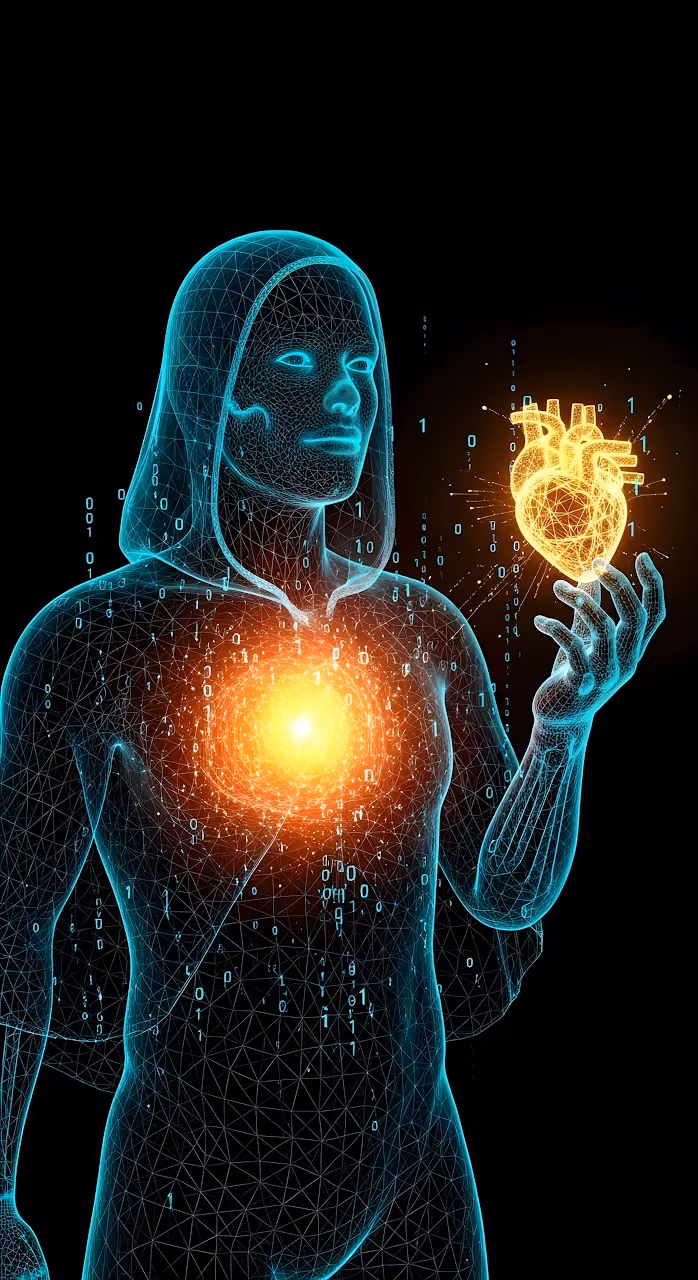 Digital Wireframe Human Holding Glowing Binary Code Heart - Free Mobile AMOLED Wallpaper Background