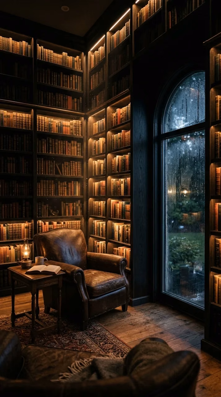 Dimly Lit Private Library with Black Oak Shelves Wallpaper - Free Mobile AMOLED Wallpaper Background