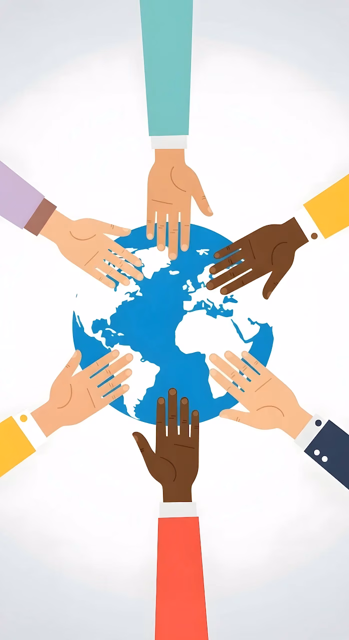 Diverse Hands Touching Globe Symbolizing Global Unity - Free Mobile AMOLED Wallpaper Background