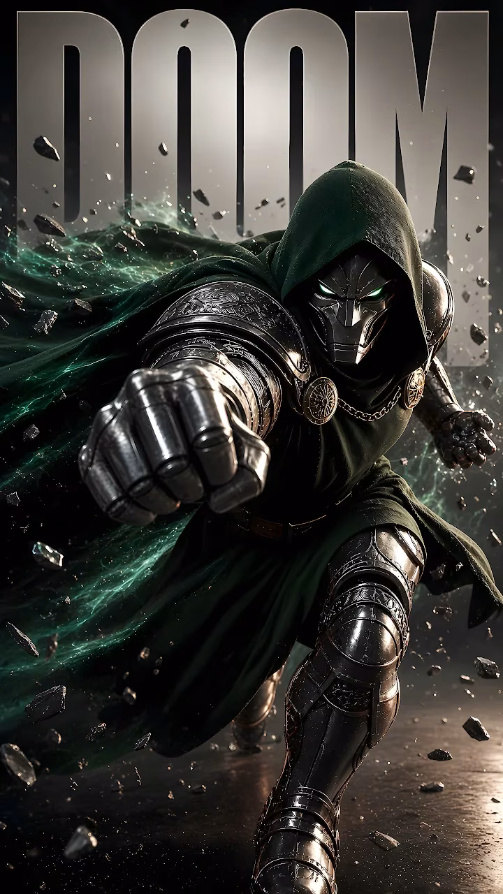 Download Doctor Doom Armored Punch Action 4K Wallpaper in Mobile HD Doctor Doom in a green hooded cloak and steel armor lunging forward with a clenched metal fist.