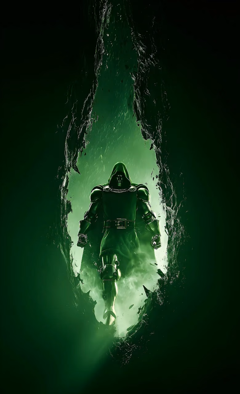 Download Doctor Doom Green Light Cave Portal 4K Wallpaper in Mobile HD Doctor Doom in steel armor and hooded green tunic standing inside a glowing green rock fissure.