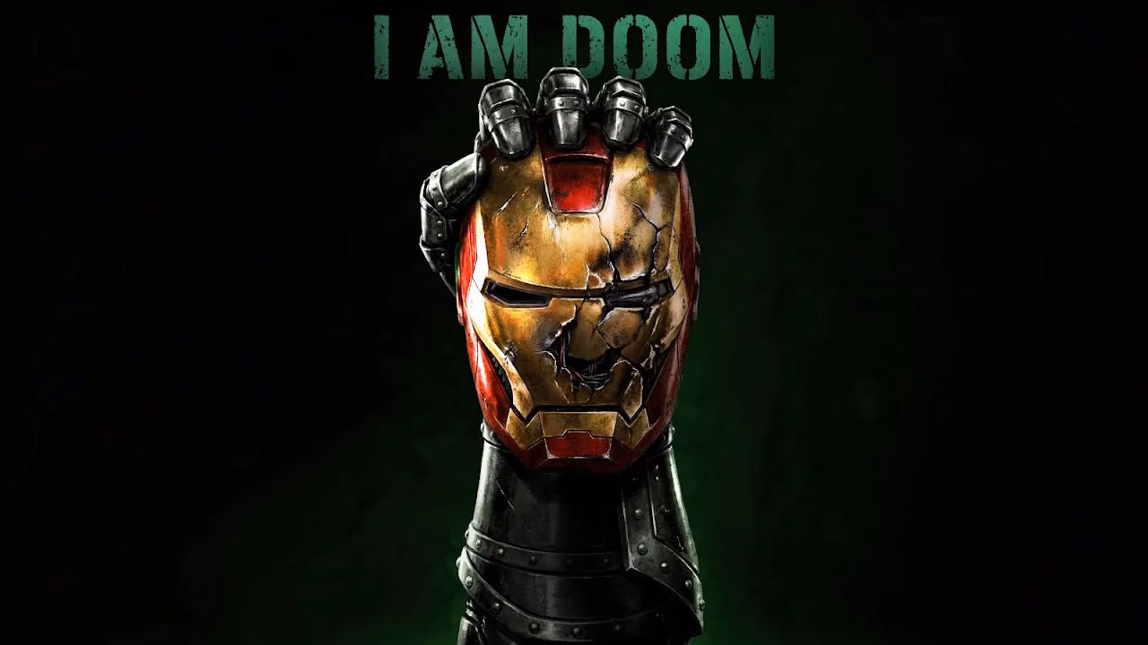 Download Doctor Doom Crushing Iron Man Helmet 4K Wallpaper in 4K UHD Armored metal fist holding a cracked Iron Man helmet with green text reading I AM DOOM on a black background.